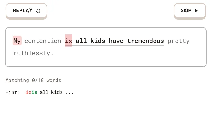 The wrong word ix is selected; the hint shows is in green