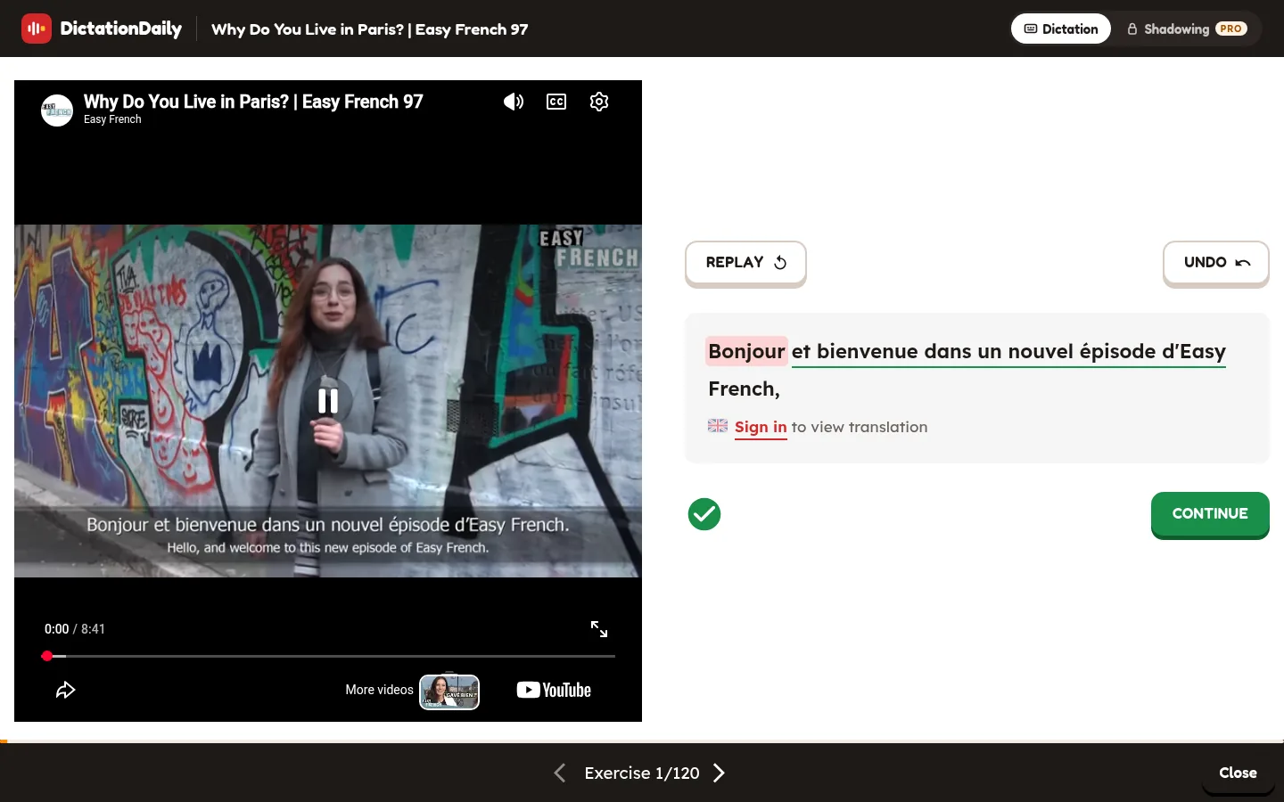 A French sentence answered correctly; under it, a flag and the words Sign in to view translation