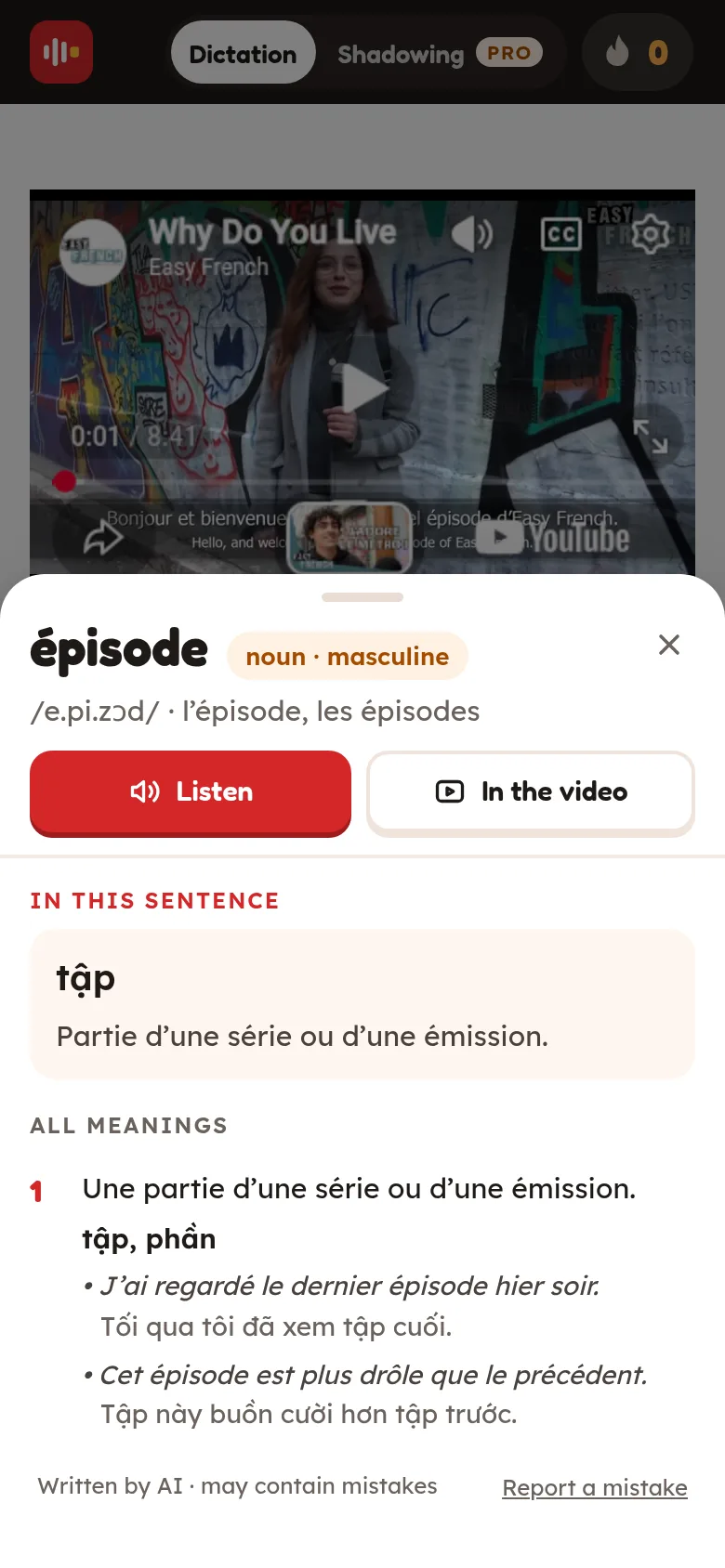 The word card as a sheet at the bottom of a phone screen, with Listen and In the video buttons, the meaning in this sentence and the word's meanings with examples