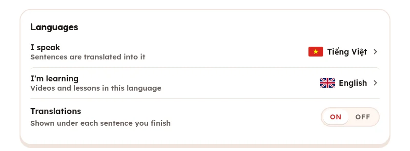 The Languages section of the Settings page: I speak Tiếng Việt, I'm learning English, Translations on