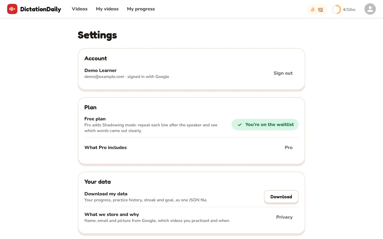 The Settings page with a Plan section that says Free plan and You're on the waitlist