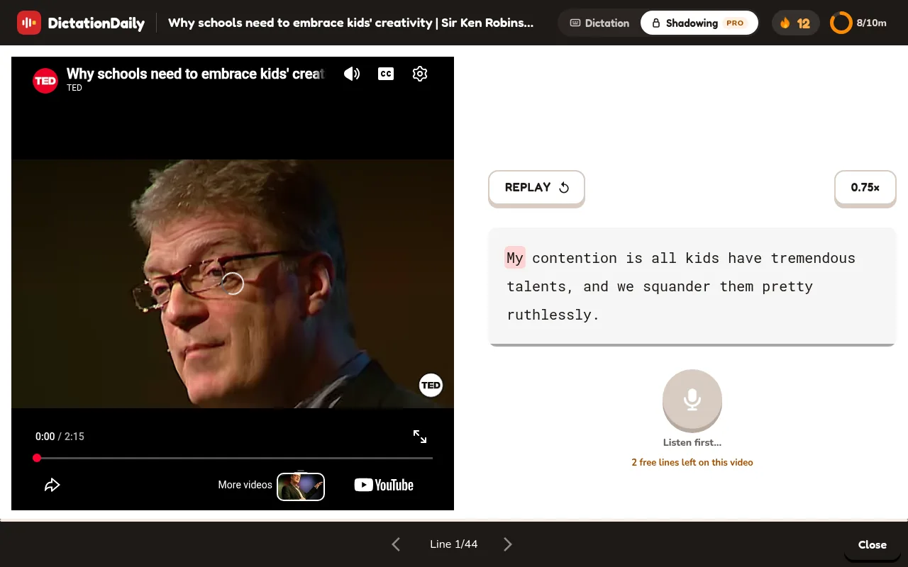 The Shadowing card: the sentence, a small replay button, a big red record button and a 0.75× button