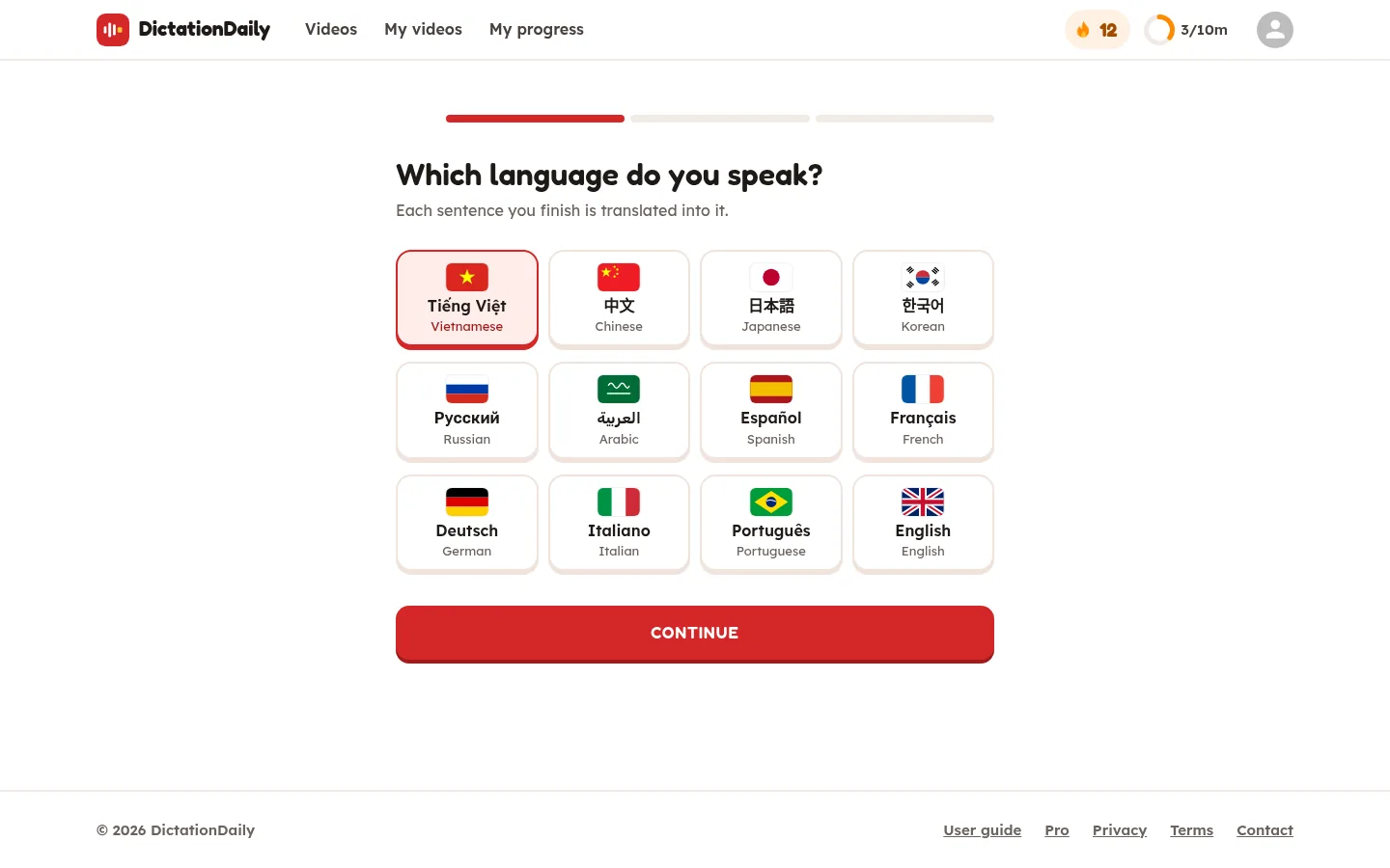 The welcome page asking Which language do you speak?, with twelve languages to choose from