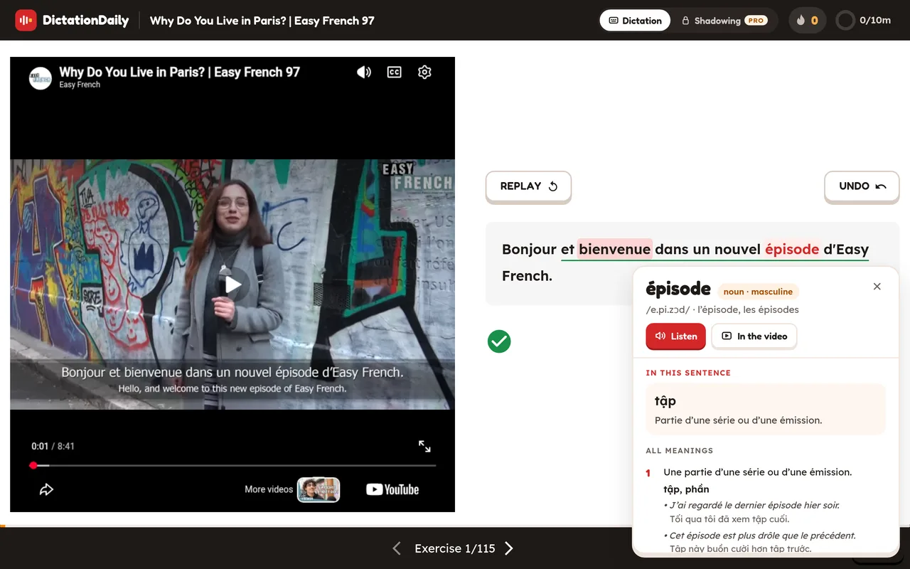 A lesson with the word épisode marked in red and a card next to it: noun, masculine, its pronunciation, Listen and In the video buttons, the meaning in this sentence in Vietnamese, and its meanings with examples